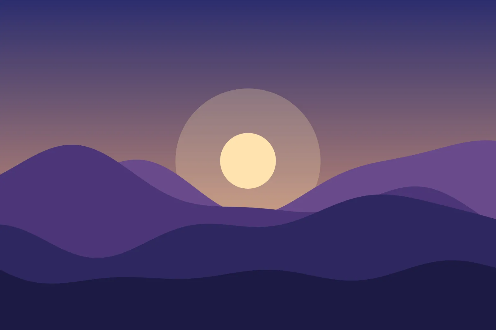 Sonnenaufgang hinter Bergketten in Orange- und Violetttönen